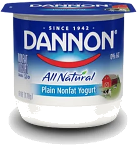 A printed yoghurt tub finished with an overprint lacquer